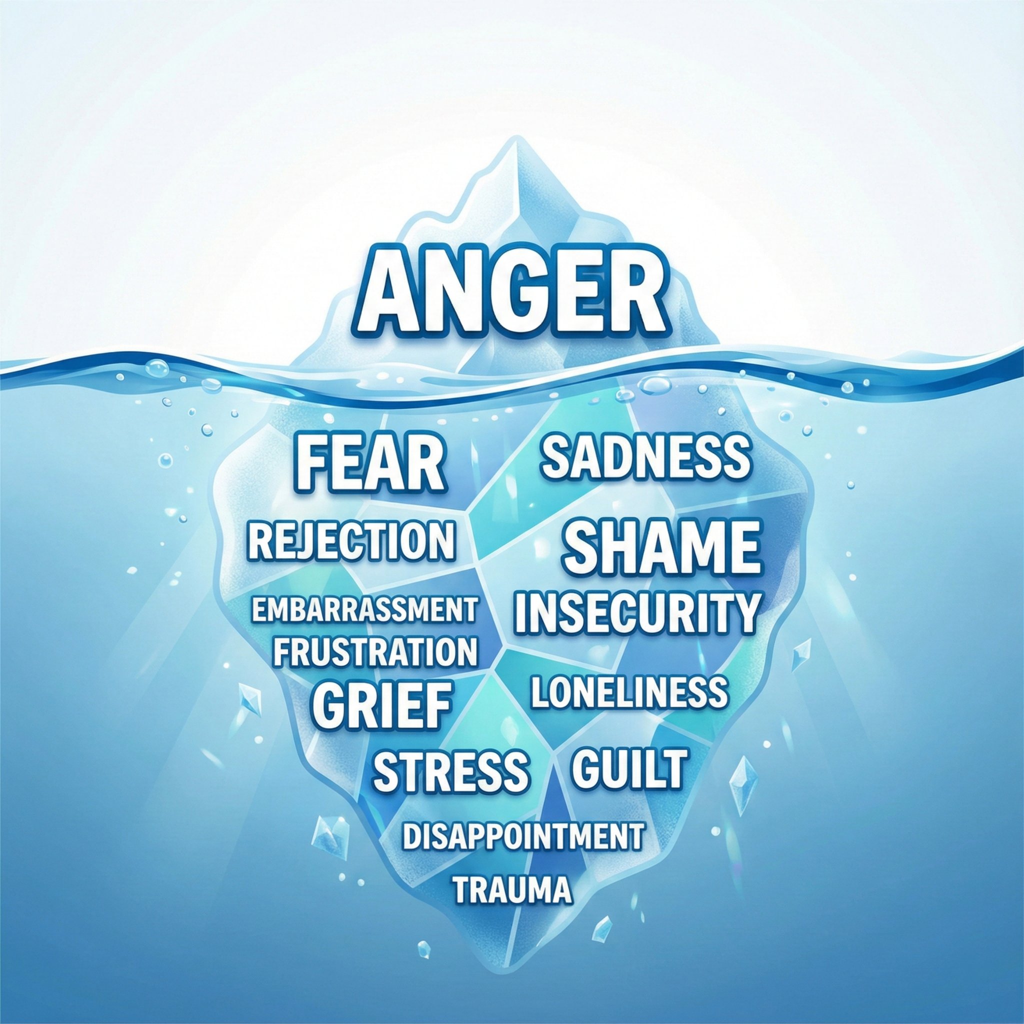 Anger Iceberg illustration showing anger above the surface with deeper emotions below